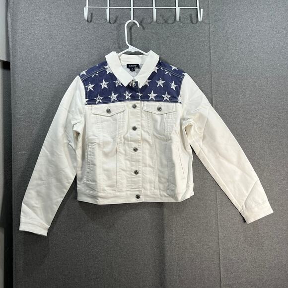 Studio Park x Kerstin Lindquist White Denim Jacket Sters & Stripes Size Medium - Picture 1 of 11